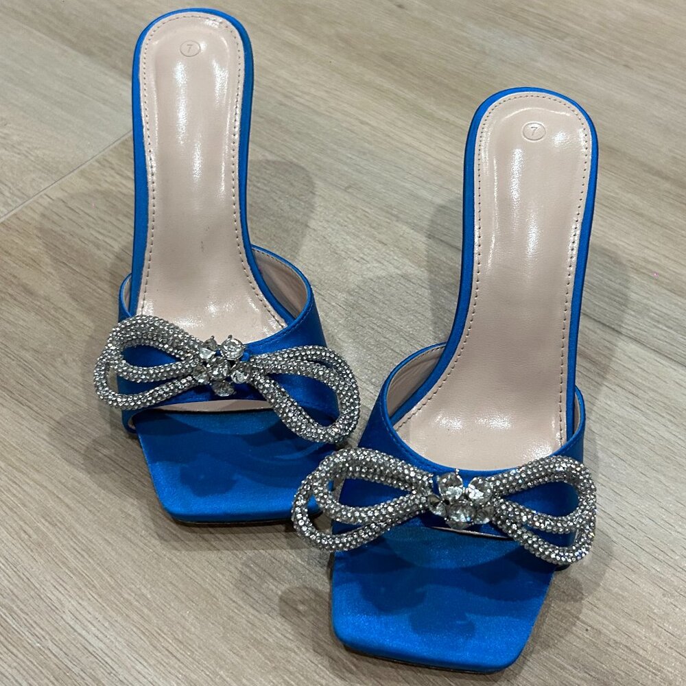 Embellish Rhinestone Bow Blue High Heel Sandals